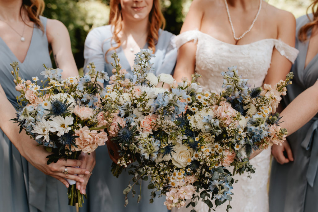blue and pink wedding florals